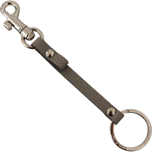 Dolce & Gabbana Elegant Gray Leather Keyring with Silver Accents gray-textured-leather-silver-metal-hook-keychain