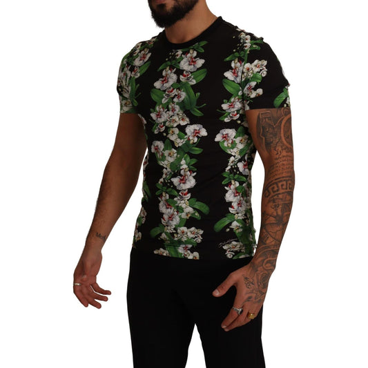 Dolce & Gabbana Elegant Floral Crewneck Tee for Men black-floral-print-crewneck-t-shirt