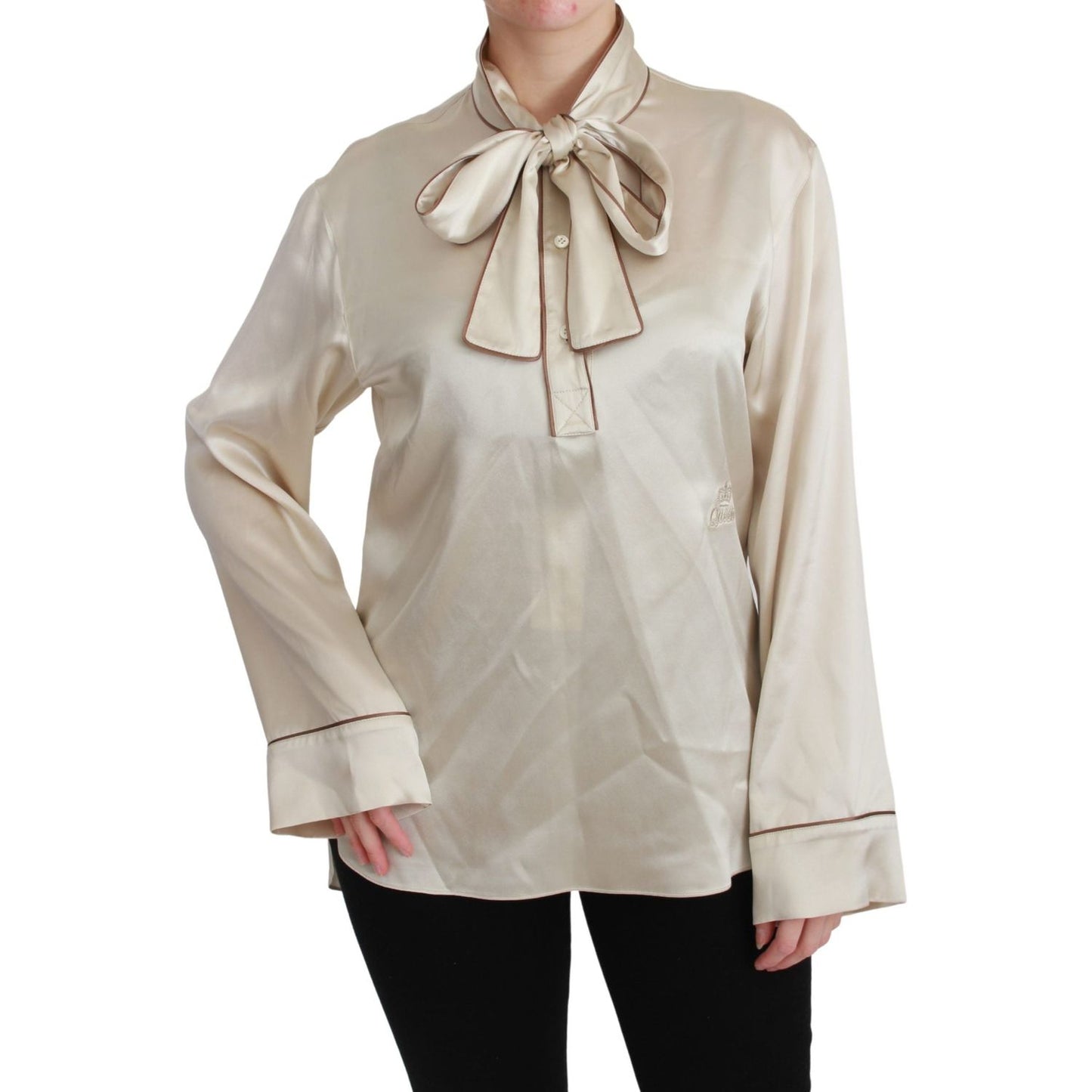 Dolce & Gabbana Elegant Beige Silk Satin Blouse with QUEEN Embroidery beige-sleeve-top-queen-silk-satin-blouse