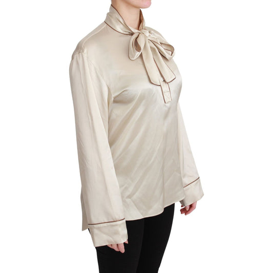 Dolce & Gabbana Elegant Beige Silk Satin Blouse with QUEEN Embroidery beige-sleeve-top-queen-silk-satin-blouse