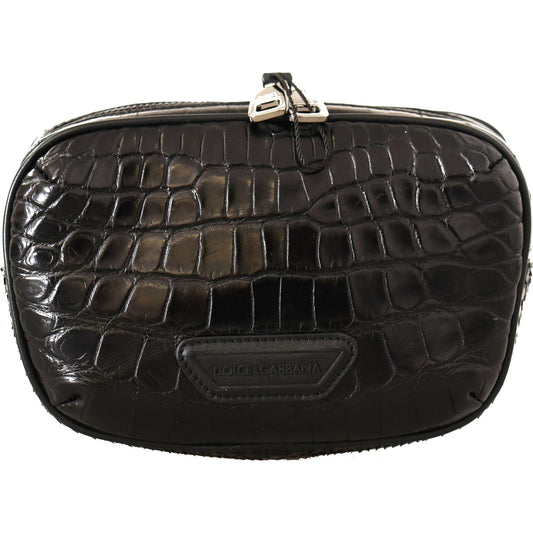 Dolce & Gabbana Elegant Caiman Leather Fanny Waist Pouch black-dg-logo-exotic-leather-fanny-pack-pouch-bag
