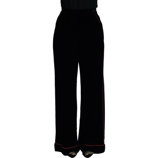 Dolce & Gabbana Sleek Black Velvet High-Waist Pants with Pink Stripes black-velvet-high-waist-trousers-pants