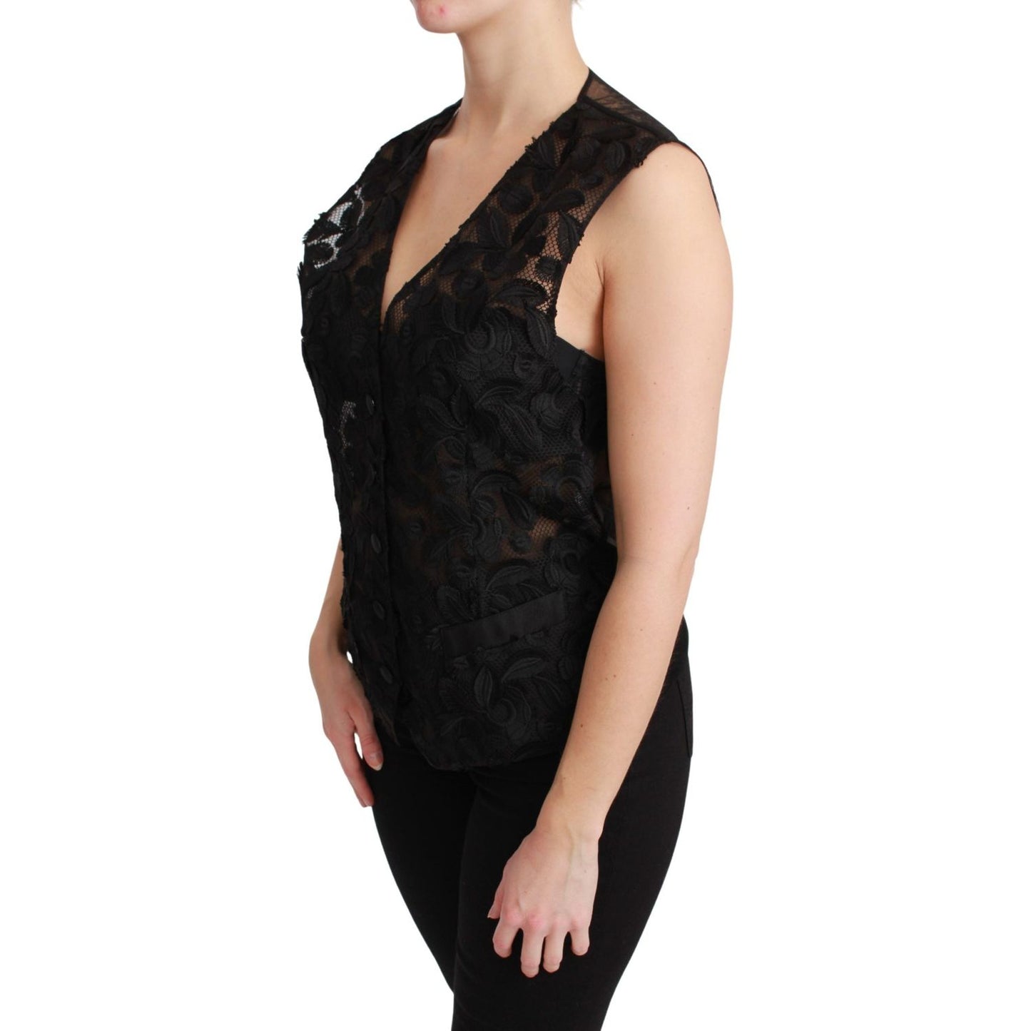 Dolce & Gabbana Elegant Floral Black Silk Blend Vest black-floral-brocade-top-gilet-waistcoat