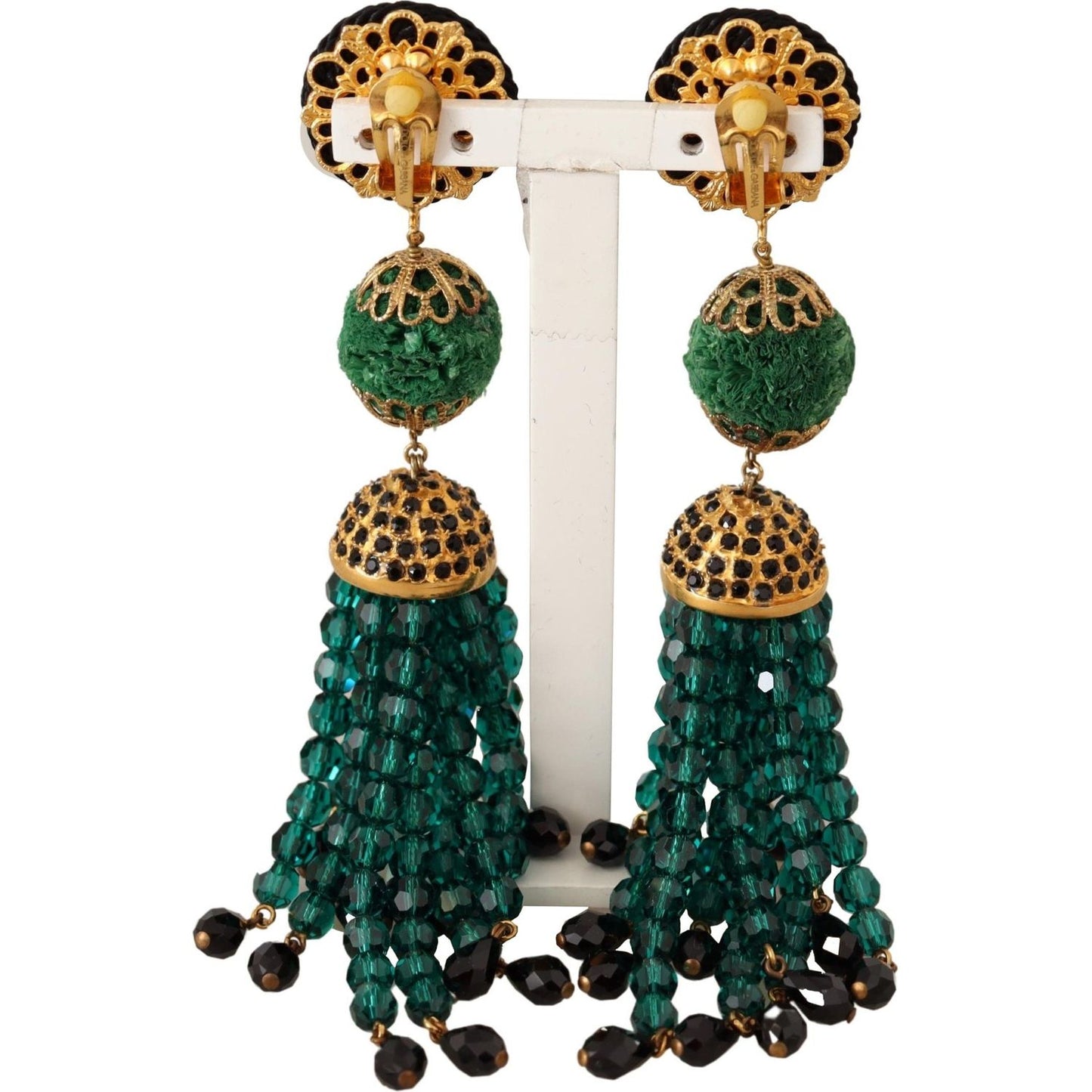 Dolce & Gabbana Elegant Crystal Drop Clip-On Earrings green-crystals-gold-tone-drop-clip-on-dangle-earrings
