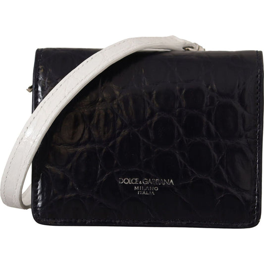 Dolce & Gabbana Blue Exotic Leather Bifold Wallet with Strap blue-white-caiman-leather-strap-card-holder-wallet