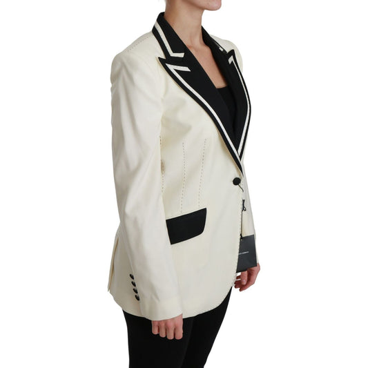 Dolce & Gabbana Elegant Cream & Black Detailed Blazer Coats & Jackets wool-cream-single-breasted-coat-blazer-jacket