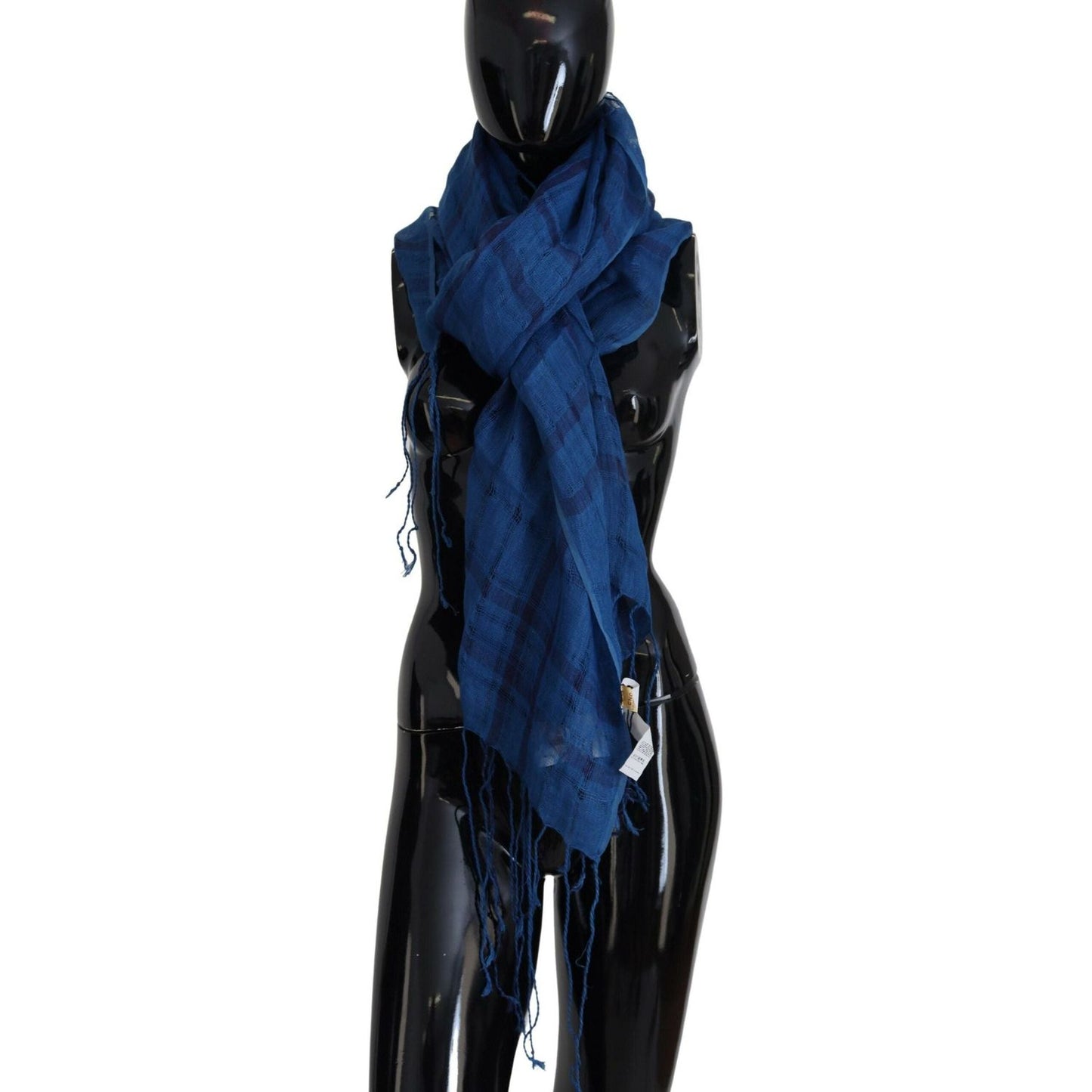 Costume National Chic Linen Fringed Scarf in Blue Checkered blue-linen-shawl-foulard-fringes-scarf