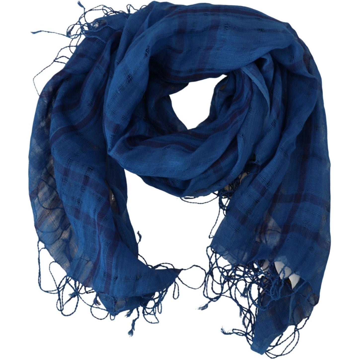 Costume National Chic Linen Fringed Scarf in Blue Checkered blue-linen-shawl-foulard-fringes-scarf
