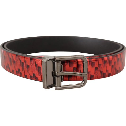 Dolce & Gabbana | Red Herringbone Leather Gray Tone Buckle Belt - McRichard Designer Brands