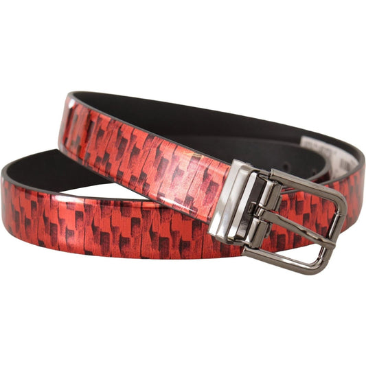 Dolce & Gabbana Elegant Red Leather Belt with Silver Buckle red-herringbone-leather-gray-tone-buckle-belt