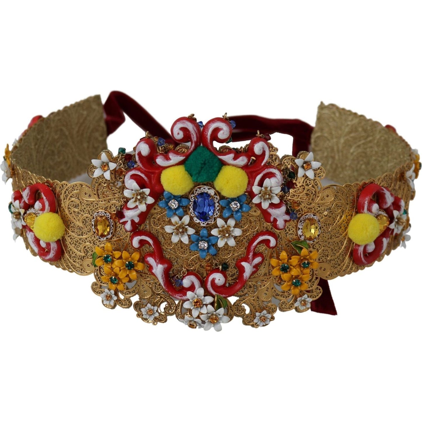 Dolce & Gabbana Gold-Tone Floral Crystal Waist Belt Belt multicolor-embellished-floral-crystal-wide-waist-belt