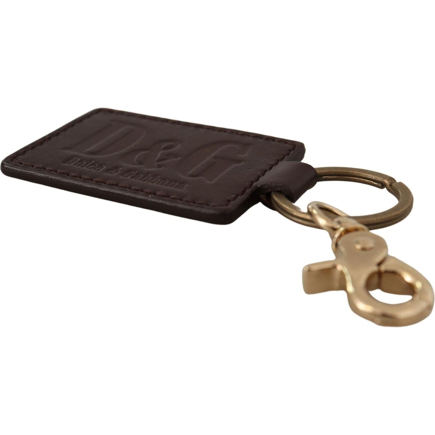Dolce & Gabbana Elegant Unisex Leather Keyring with Gold Detail brown-leather-logo-metal-ring-hook-keychain