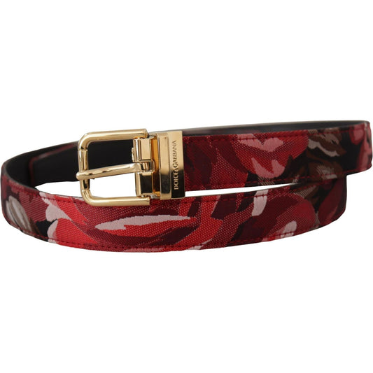 Dolce & Gabbana | Red Jacquard Rose Leather Gold Metal Buckle Belt - McRichard Designer Brands