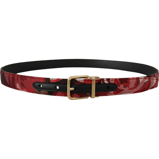 Dolce & Gabbana Red Multicolor Leather Belt with Gold-Tone Buckle red-jacquard-rose-leather-gold-metal-buckle-belt
