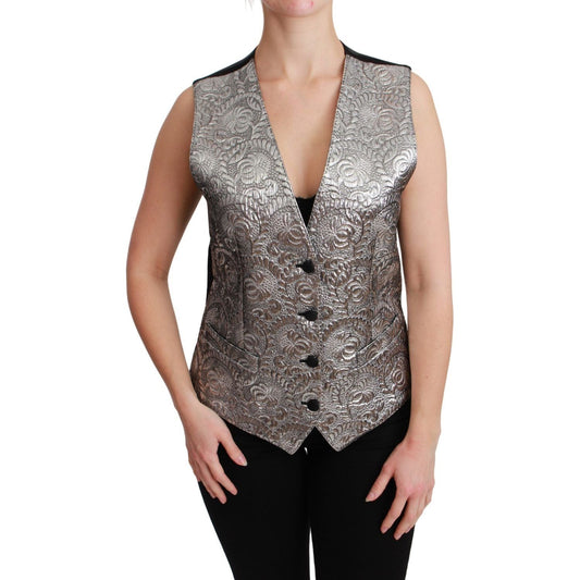 Dolce & Gabbana Elegant Silver Sleeveless Brocade Vest silver-brocade-sleeveless-metallic-top IMG_7829-scaled-8b182bbc-acd.jpg