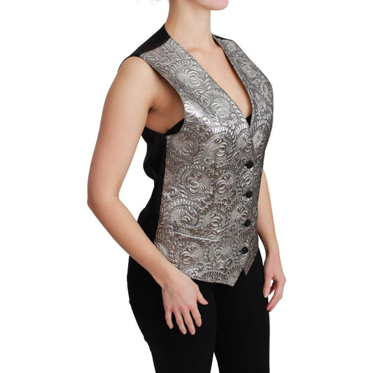 Dolce & Gabbana Elegant Silver Sleeveless Brocade Vest silver-brocade-sleeveless-metallic-top IMG_7830-scaled-35efcc79-381.jpg
