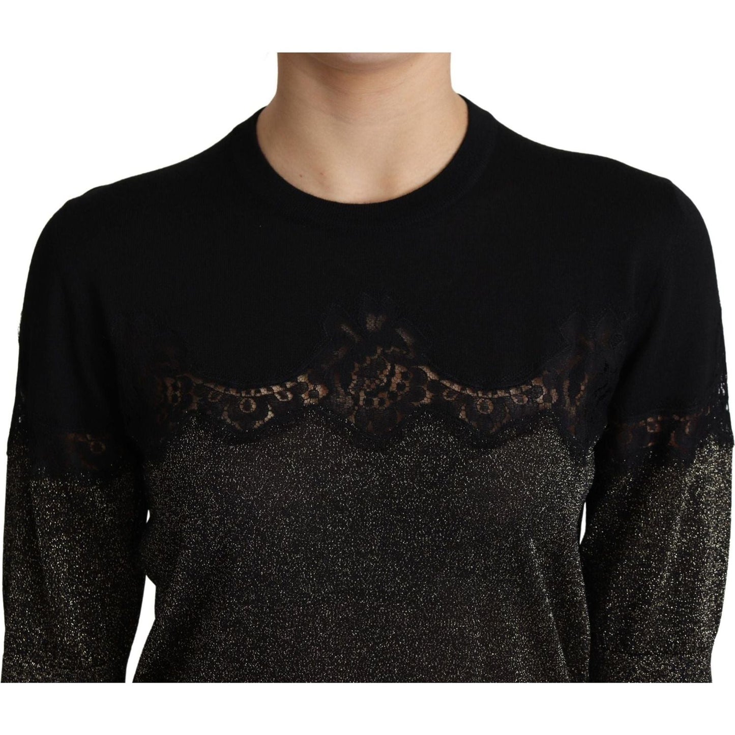 Dolce & Gabbana Elegant Lurex Threaded Jersey Lace Blouse black-shiny-lurex-lace-insert-pullover-top