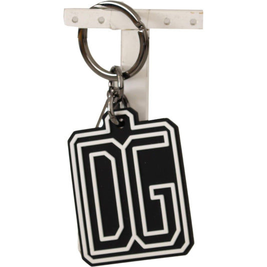 Dolce & Gabbana Elegant Silver & Rubber Designer Keyring black-white-dg-rubber-logo-silver-ring-keychain