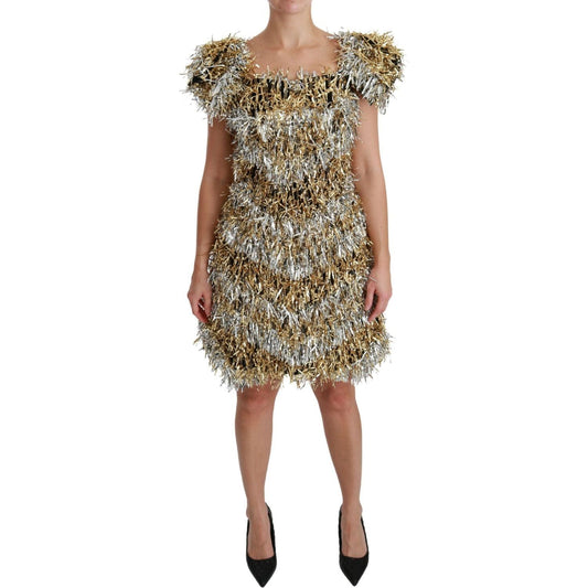 Dolce & Gabbana Elegant Silver Layered Shift Mini Dress silver-gold-sheath-mini-shift-gown-dress