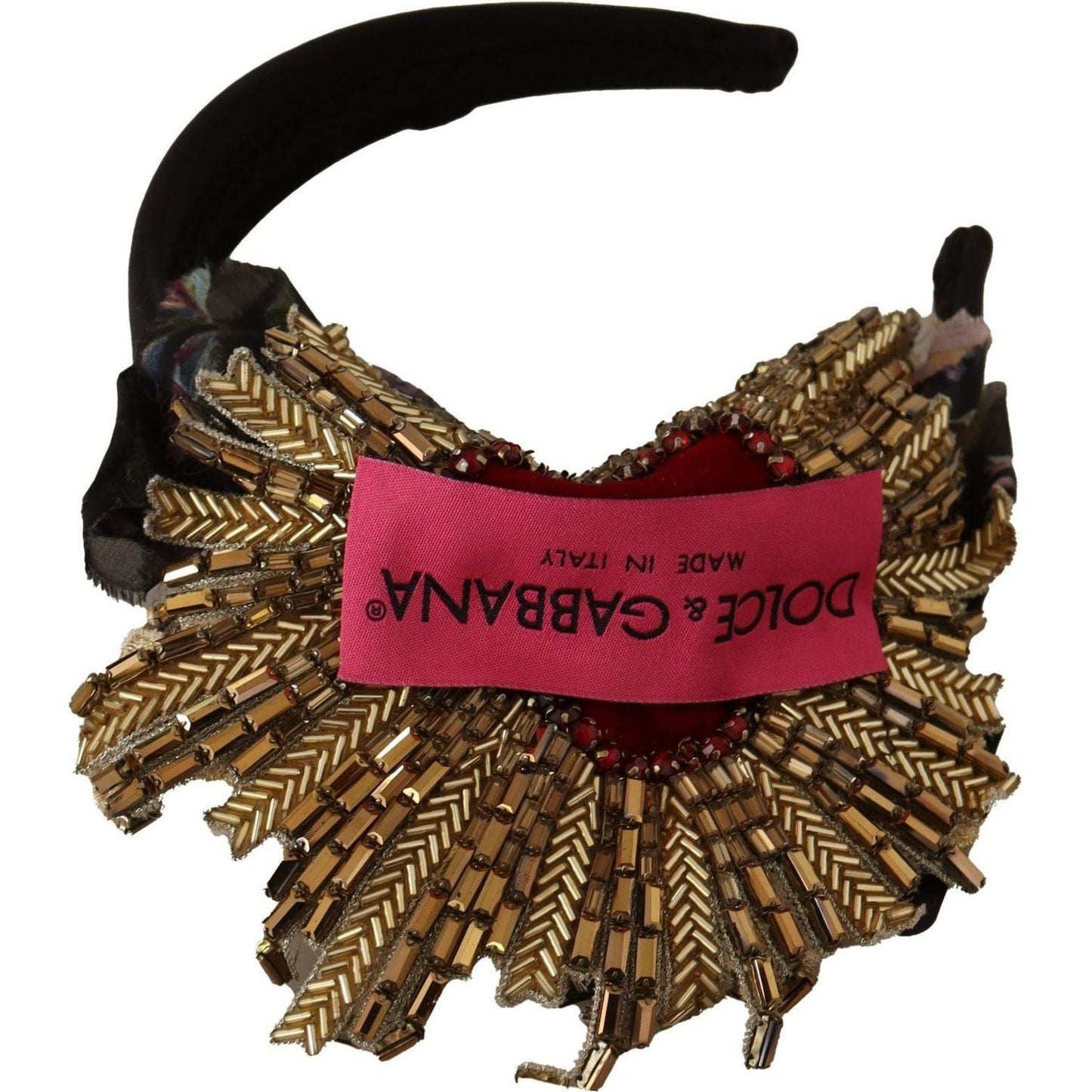 Dolce & Gabbana Regal Gold Silk Diadem Headband black-gold-sacred-heart-logo-embellished-headband-diadem