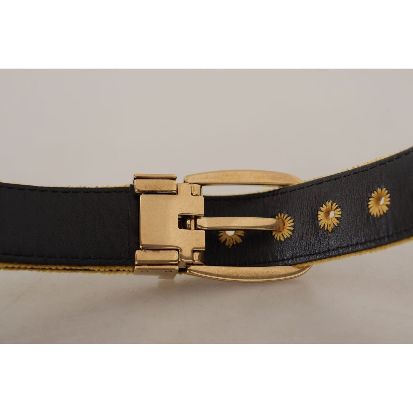 Dolce & Gabbana Elegant Velvet Gold Buckle Women's Belt mustard-velvet-gold-logo-engraved-metal-buckle-belt