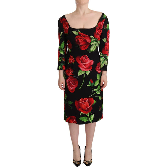 Dolce & Gabbana Elegant Floral Print Silk Sheath Dress black-red-roses-sheath-stretch-silk-dress