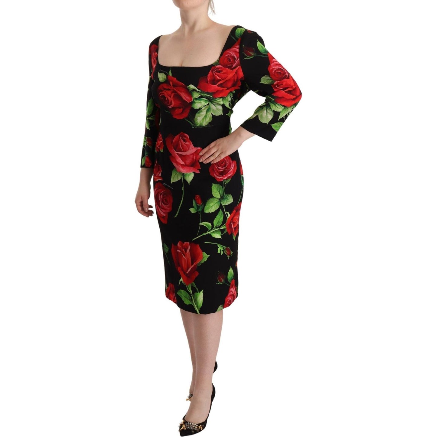Dolce & Gabbana Elegant Floral Print Silk Sheath Dress black-red-roses-sheath-stretch-silk-dress IMG_7946-scaled-1fd70c74-463.jpg