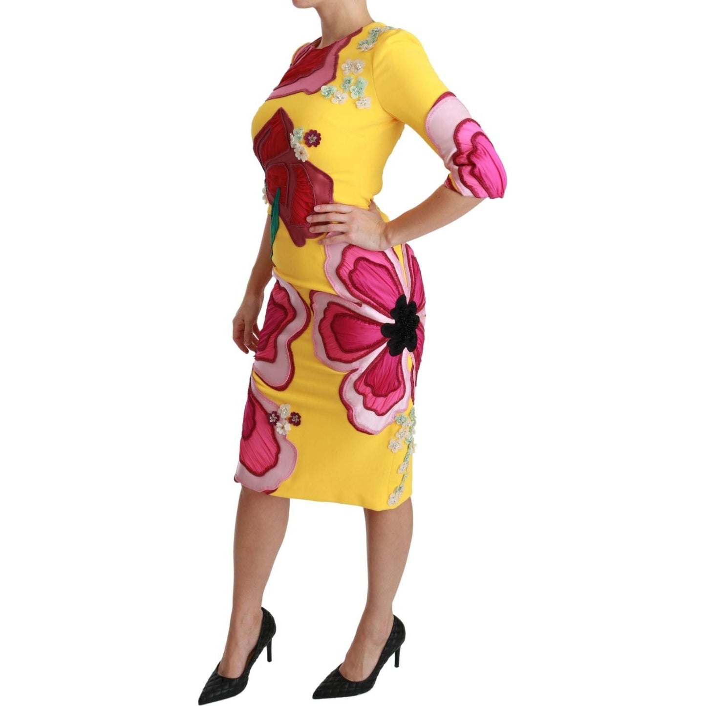 Dolce & Gabbana Sunshine Bloom Sheath Knee-Length Dress yellow-floral-crystal-bodycon-sheath-dress