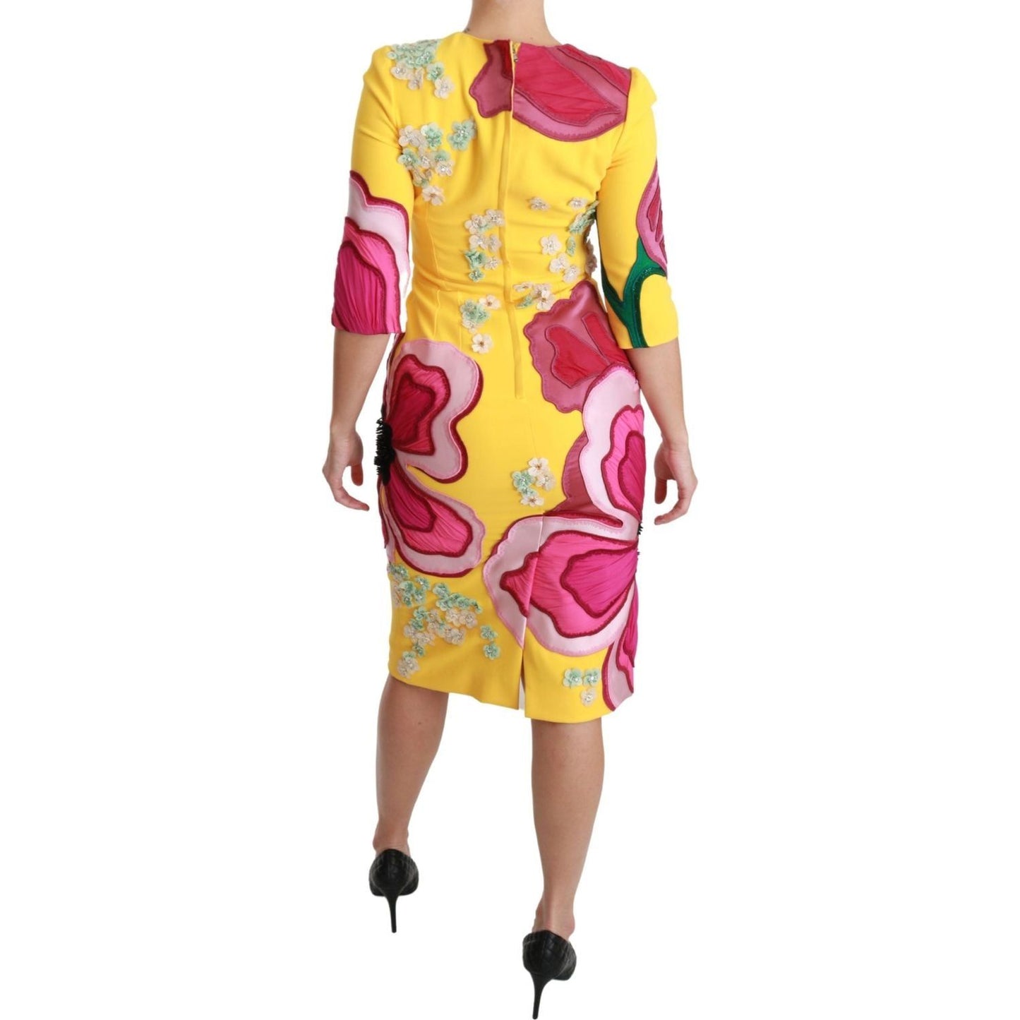 Dolce & Gabbana Sunshine Bloom Sheath Knee-Length Dress yellow-floral-crystal-bodycon-sheath-dress