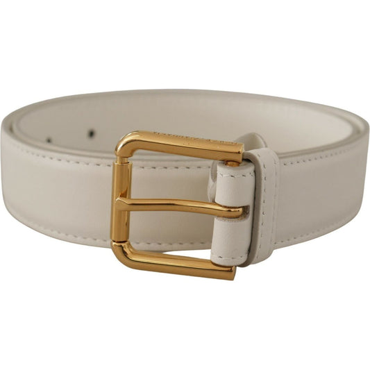 Dolce & Gabbana Chic White Leather Belt with Gold Engraved Buckle white-calf-leather-gold-tone-logo-metal-buckle-belt