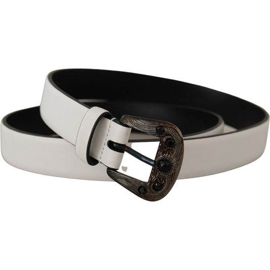 Dolce & Gabbana Elegant White Vitello Leather Belt white-leather-crystal-metal-buckle-belt