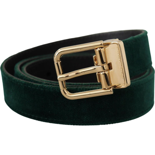 Dolce & Gabbana Emerald Velvet Designer Belt with Golden Buckle green-velvet-leather-gold-metal-logo-belt