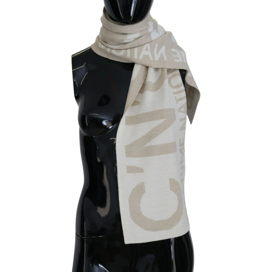 Costume National Elegant Beige Wool-Blend Scarf Wrap beige-white-logo-wrap-warmer-shawl-scarf