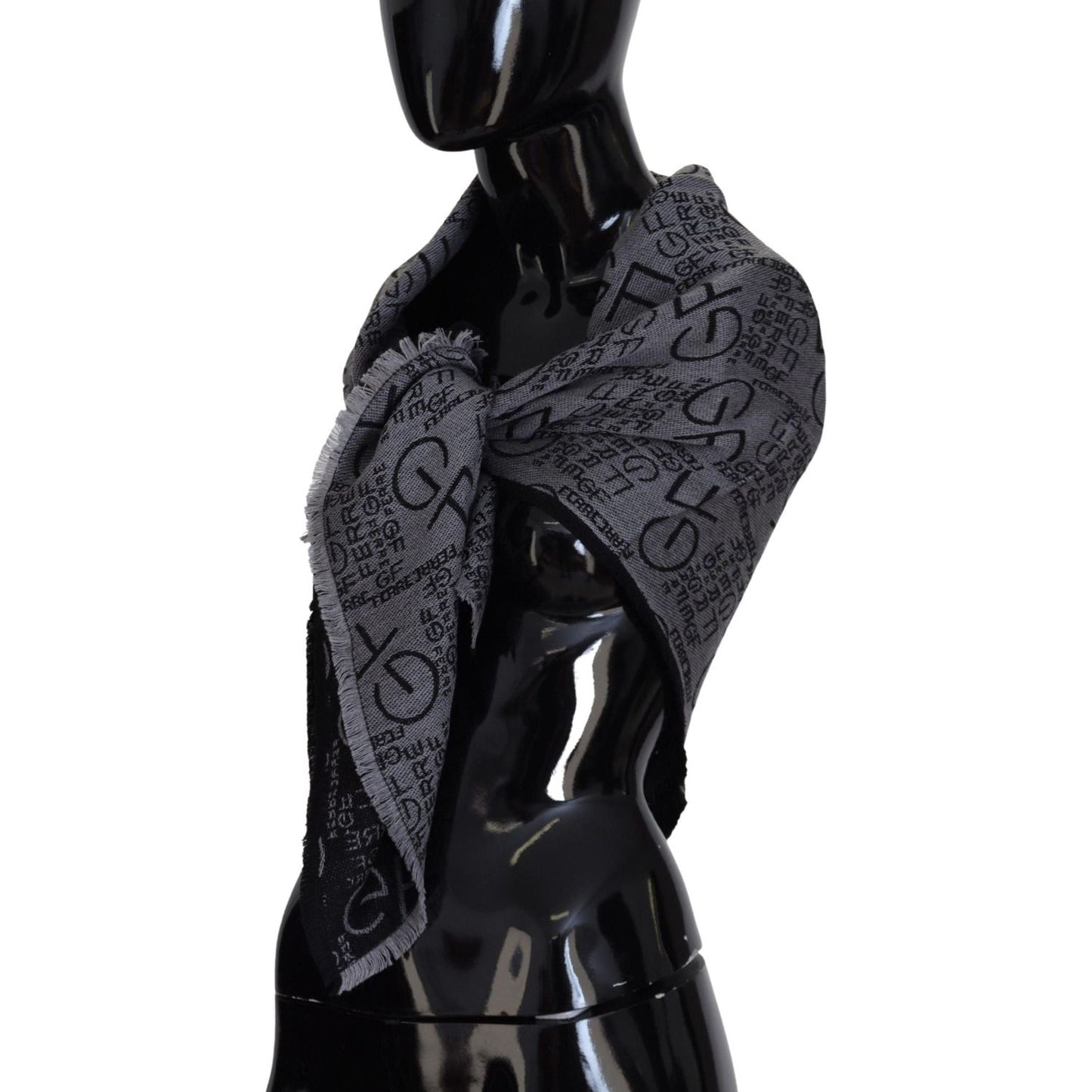 GF Ferre Elegance Unwrapped in a Wool Scarf grey-wool-logo-print-wrap-warmer-shawl-scarf