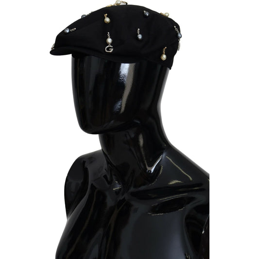 Dolce & Gabbana Elegant Black Cotton Newsboy Hat black-cotton-embellished-newsboy-men-hat-1 IMG_8157-2-scaled-f9f334b2-b98.jpg