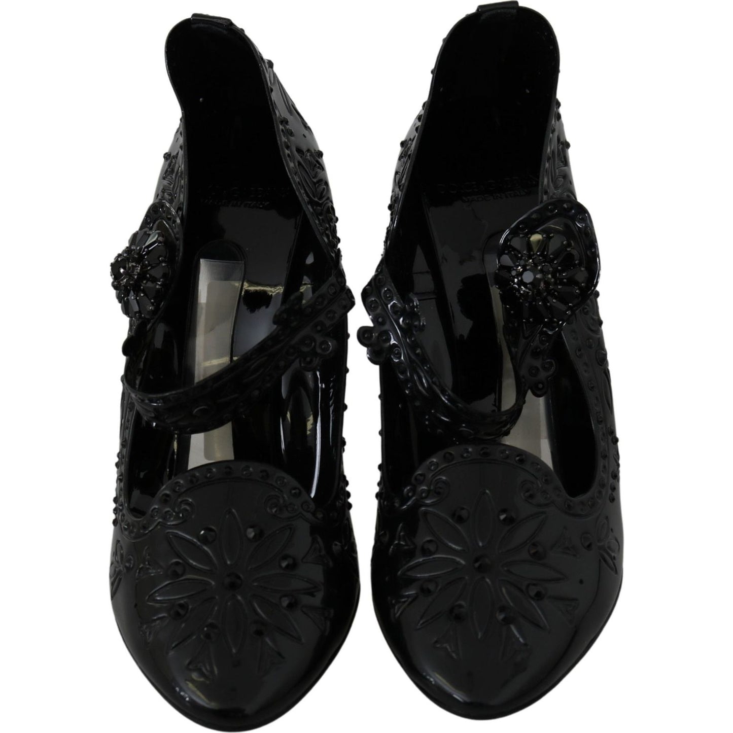 Dolce & Gabbana Elegant Crystal Embellished Cinderella Pumps black-floral-crystal-cinderella-heels-shoes