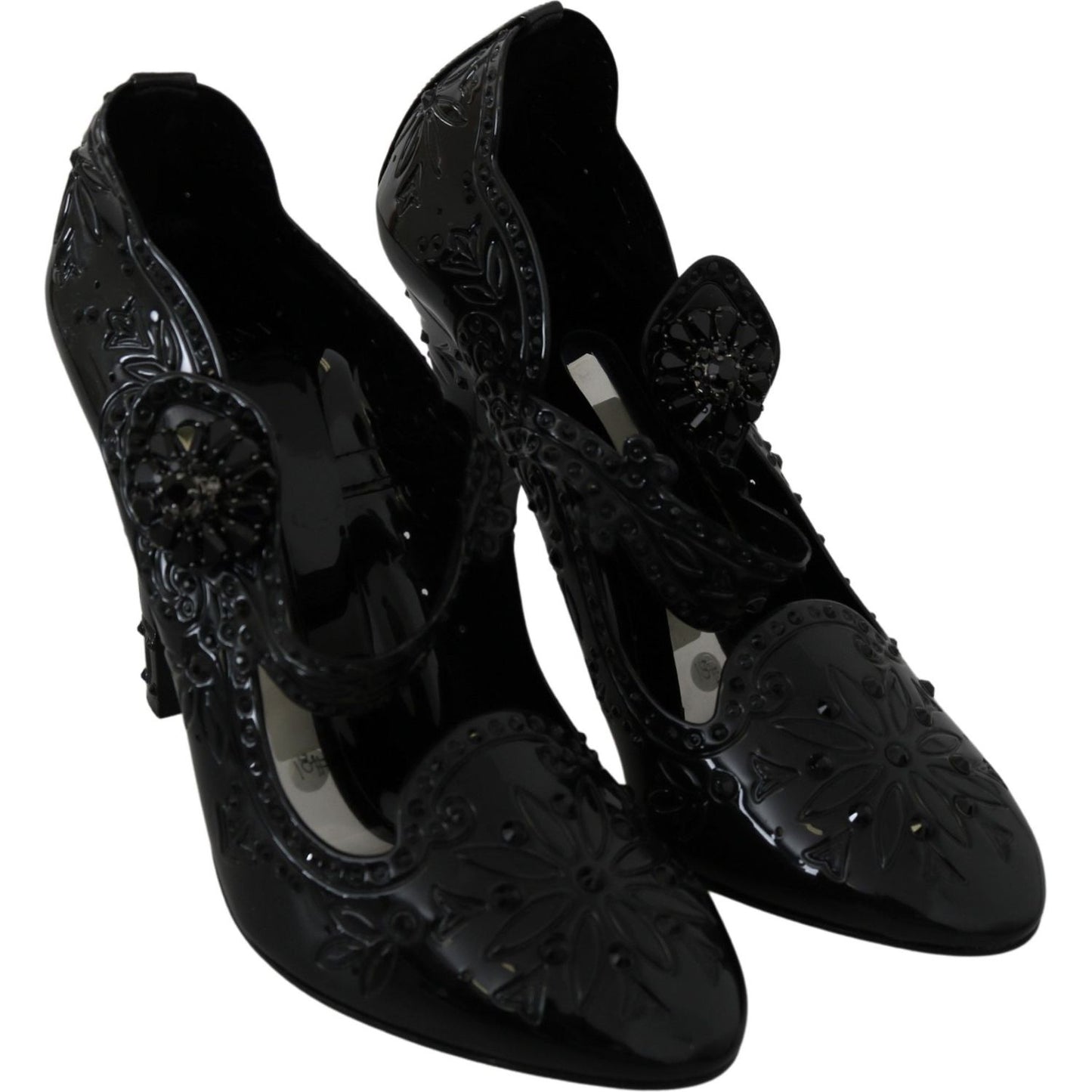 Dolce & Gabbana Elegant Crystal Embellished Cinderella Pumps black-floral-crystal-cinderella-heels-shoes