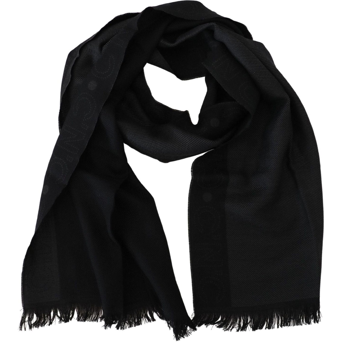 Costume National Elegant Fringed Wool Scarf in Chic Black black-wool-shawl-foulard-fringes-scarf
