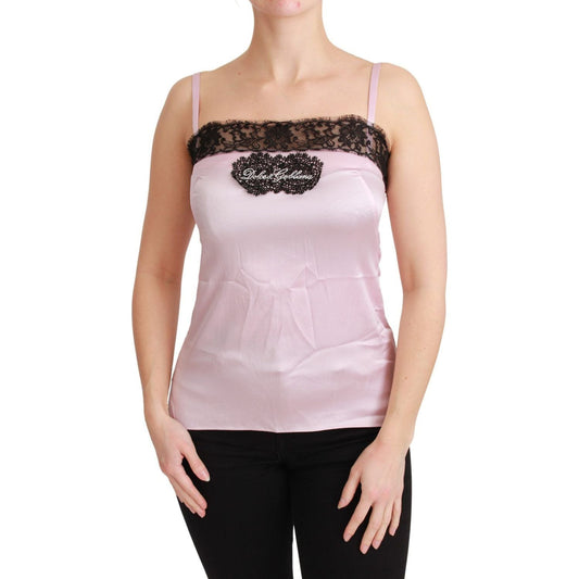 Dolce & Gabbana Elegant Silk Lace Detail Tank Top silk-black-lace-top-pink-tank-blouse