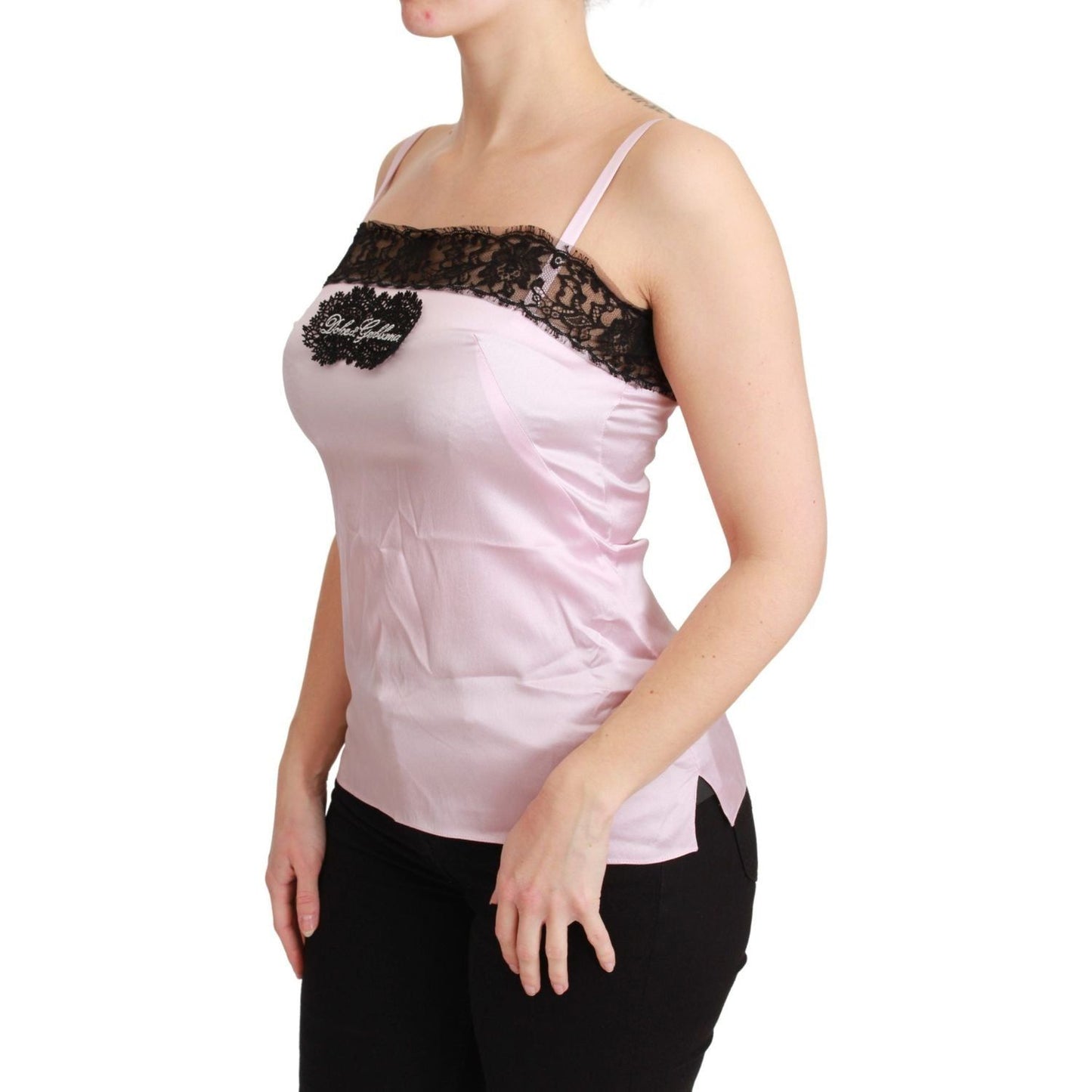 Dolce & Gabbana Elegant Silk Lace Detail Tank Top silk-black-lace-top-pink-tank-blouse
