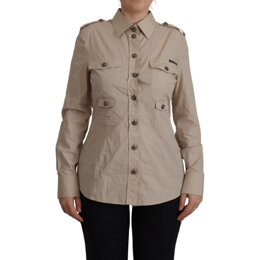 Dolce & Gabbana Elegant Beige Cotton Long Sleeve Shirt beige-poplin-safari-fitted-pocket-collared-shirt