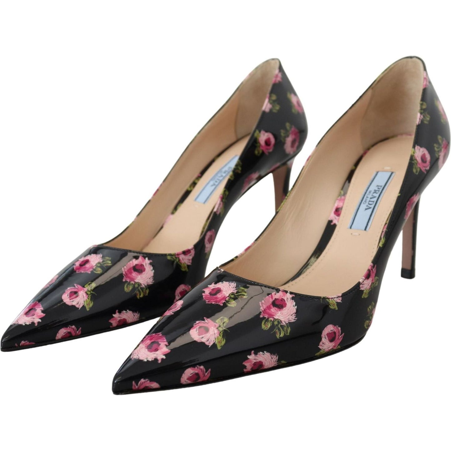 Prada Elegant Floral Print Leather Pumps black-leather-floral-heels-stilettos-pumps