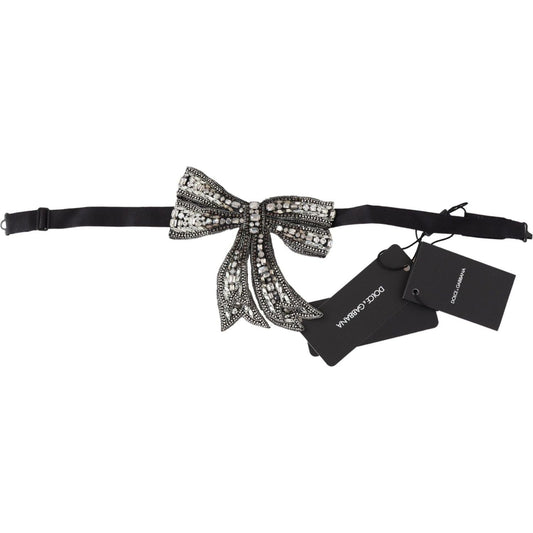 Dolce & Gabbana Elegant Silver Embellished Silk Bowtie Necklace silver-crystal-beaded-sequined-silk-catwalk-necklace-bowtie