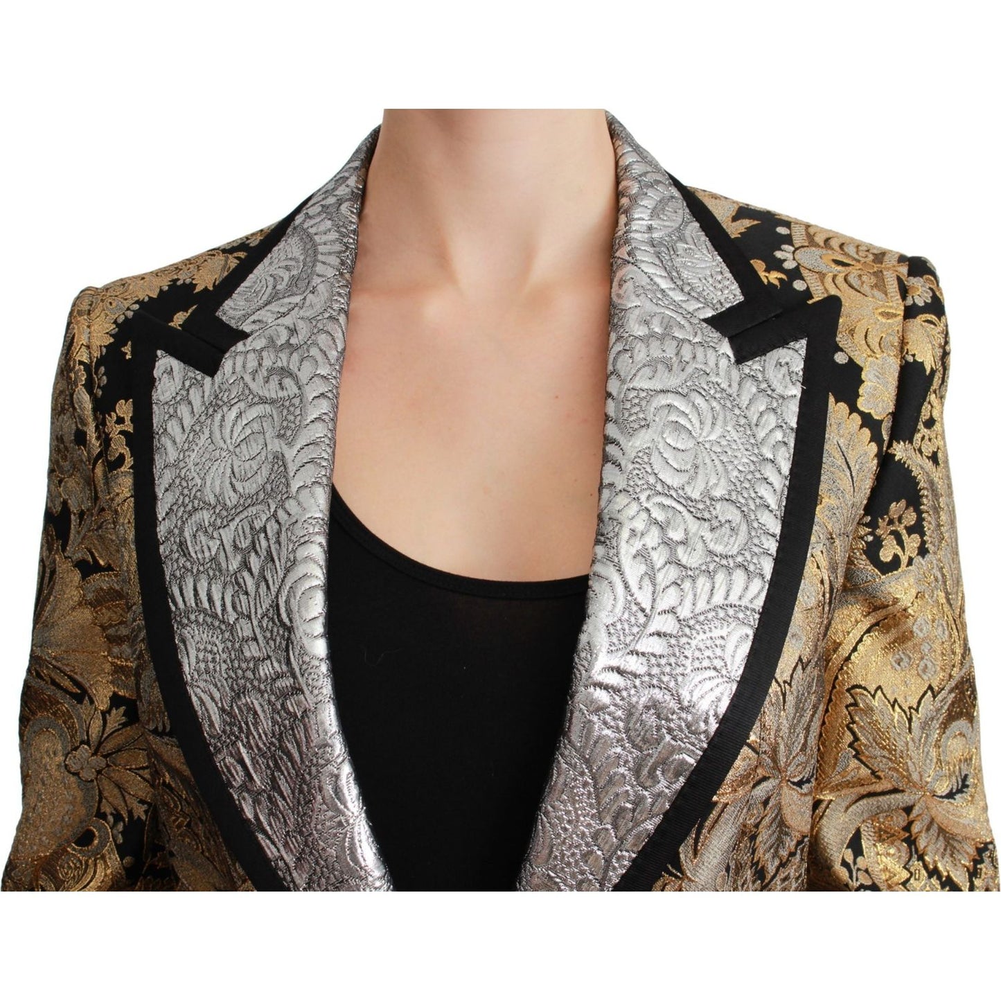 Dolce & Gabbana Elegant Gold Floral Jacquard Blazer Coats & Jackets black-gold-jacquard-blazer-jacket