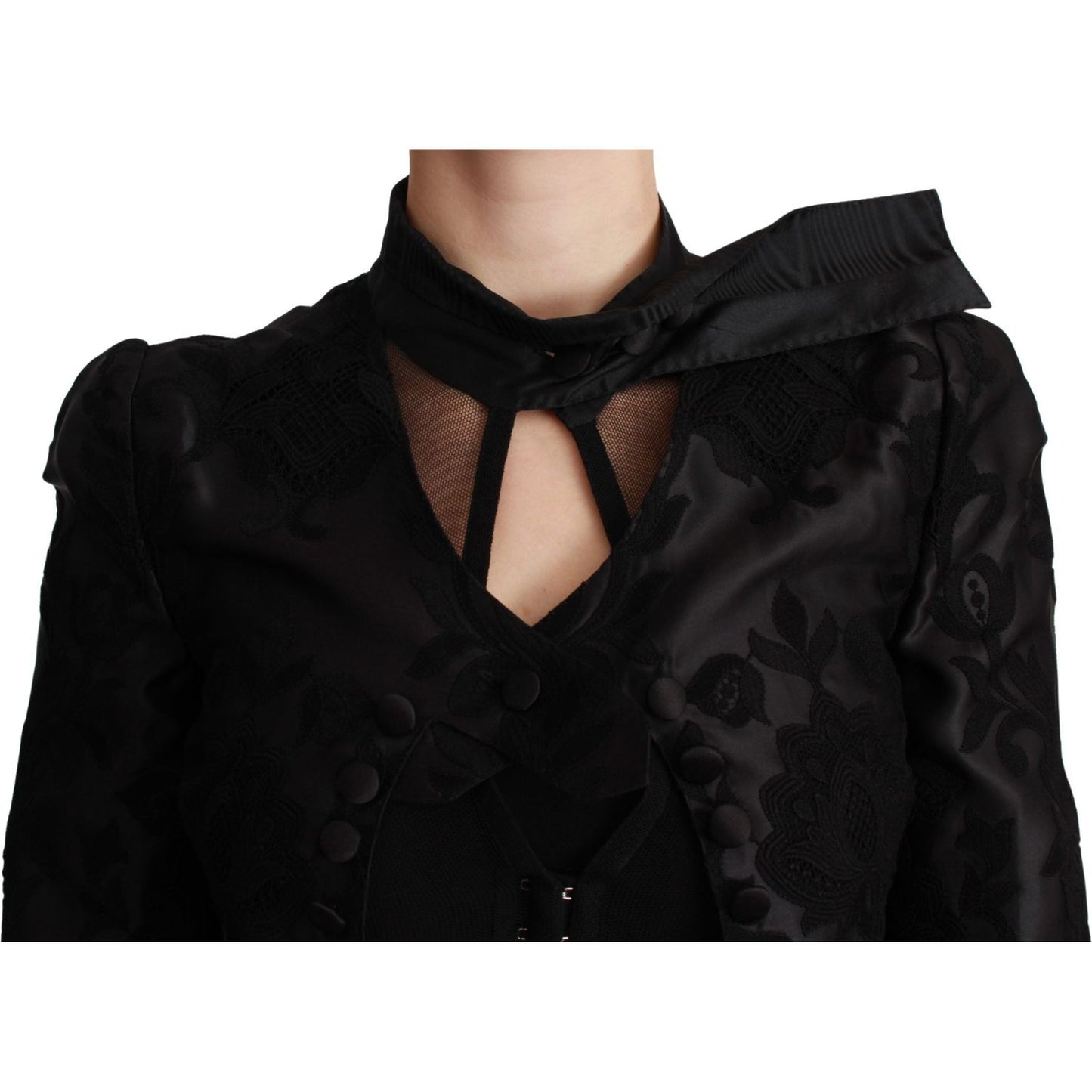 Dolce & Gabbana Exquisite Floral Jacquard Corset Blazer Coats & Jackets black-floral-jacquard-blazer-silk-jacket