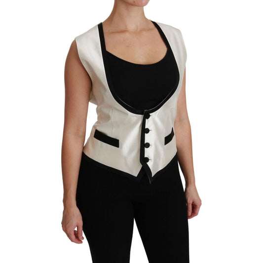 Dolce & Gabbana Elegant Silk Sleeveless Vest in Black & White white-waistcoat-slim-vest-silk-top