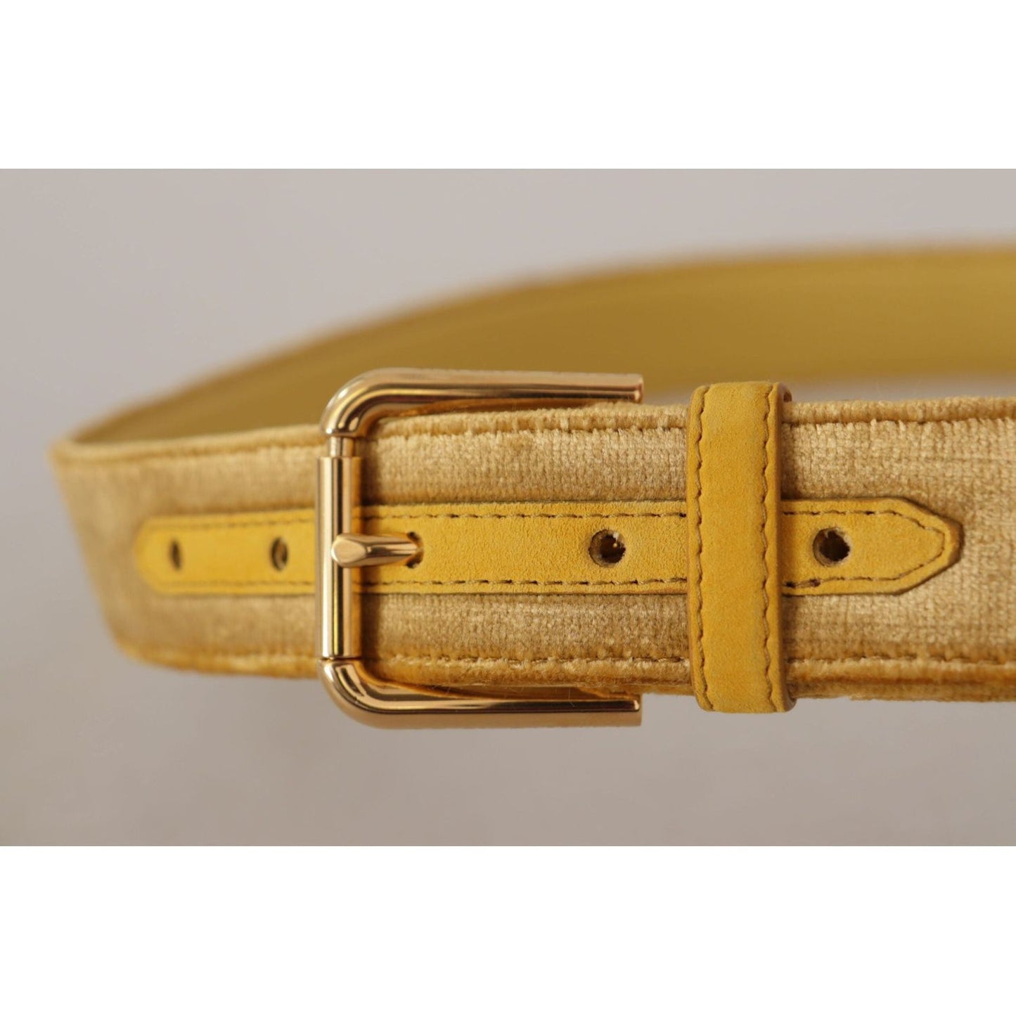 Dolce & Gabbana Elegant Velvet Designer Gold-Buckled Belt yellow-velvet-gold-metal-logo-engraved-buckle-belt