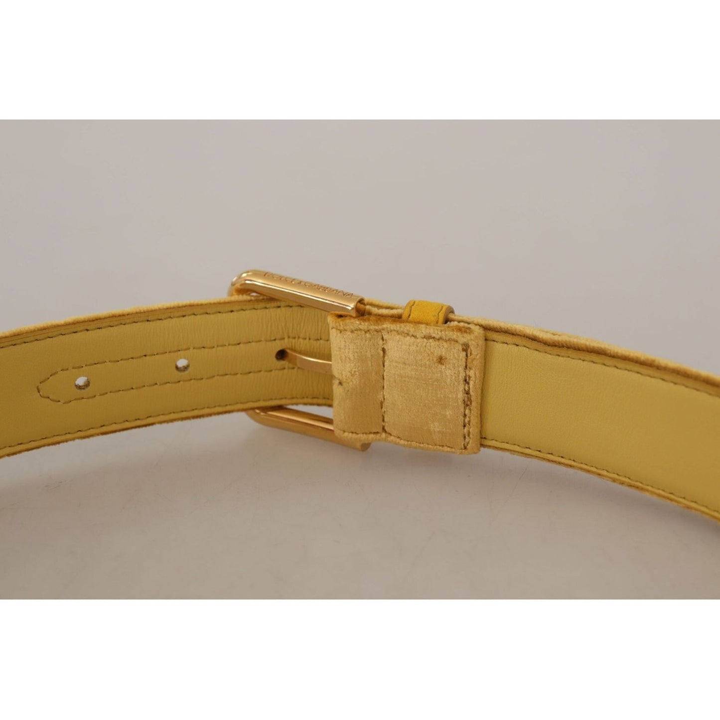 Dolce & Gabbana Elegant Velvet Designer Gold-Buckled Belt yellow-velvet-gold-metal-logo-engraved-buckle-belt