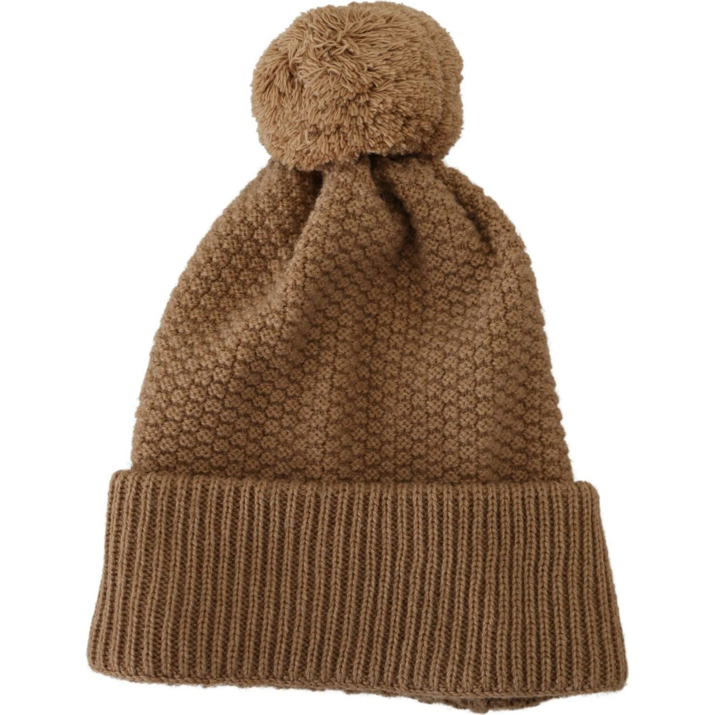 Dolce & Gabbana Elegant Camel Knit Beanie with Fur Accent brown-solid-knitted-fur-ball-winter-beanie-hat