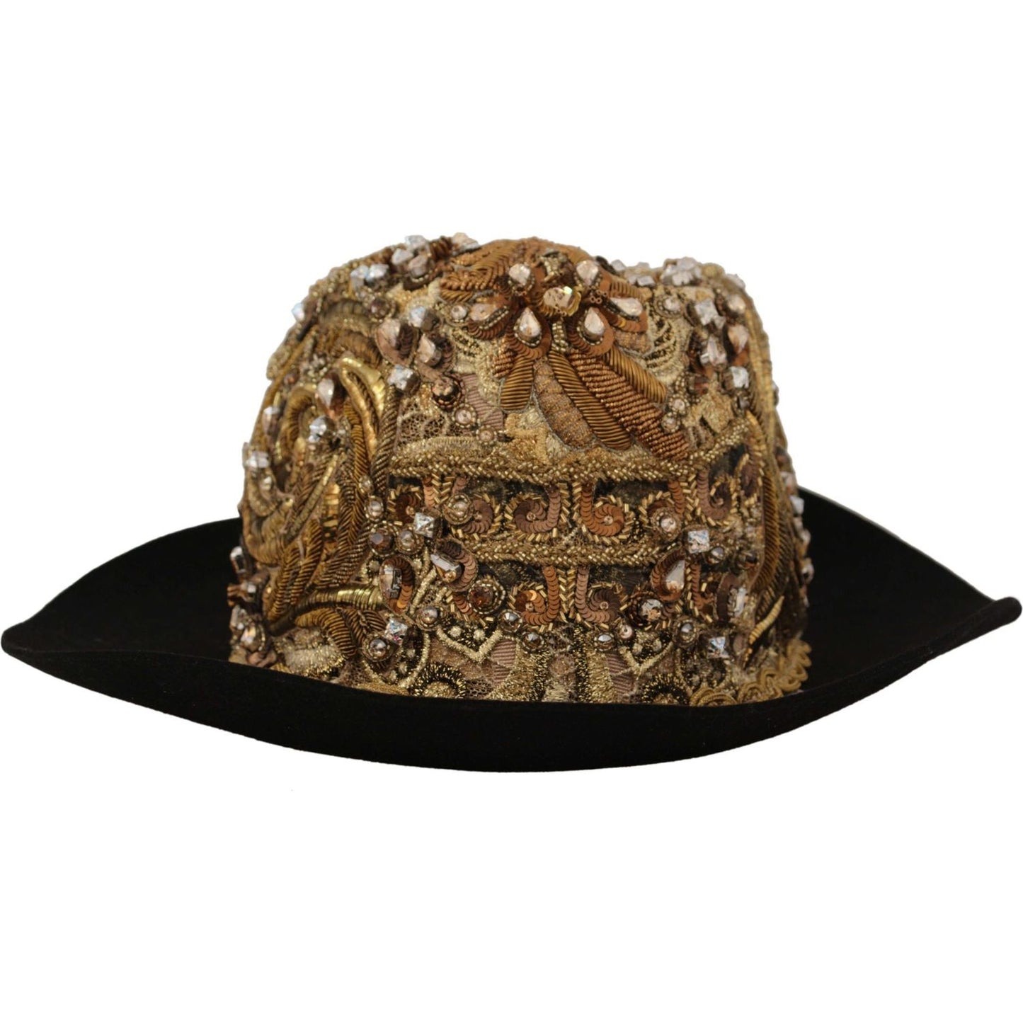 Dolce & Gabbana Elegant Black Gold Studded Fedora gold-embellished-crystal-rhinestone-embroidered-fedora-hat